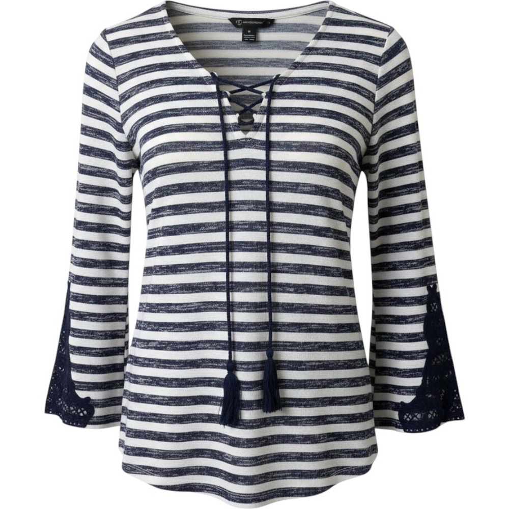 New Directions Navy White Striped Lace Up Tassel Crochet Sleeve Top M/ #26851